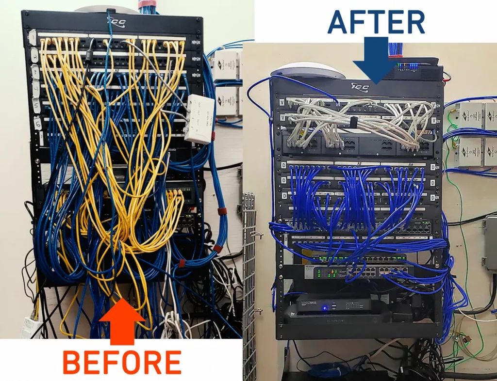 DC Explains Why Businesses Should Consider a Cable Cleanup | Why Your Business Should Consider a Cable Cleanup before and after network rack