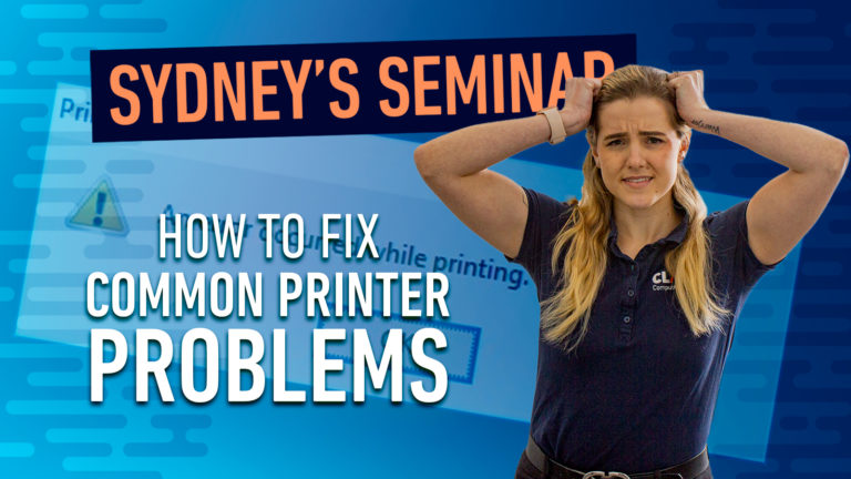 How to fix common printer problems title card with frustrated Sydney