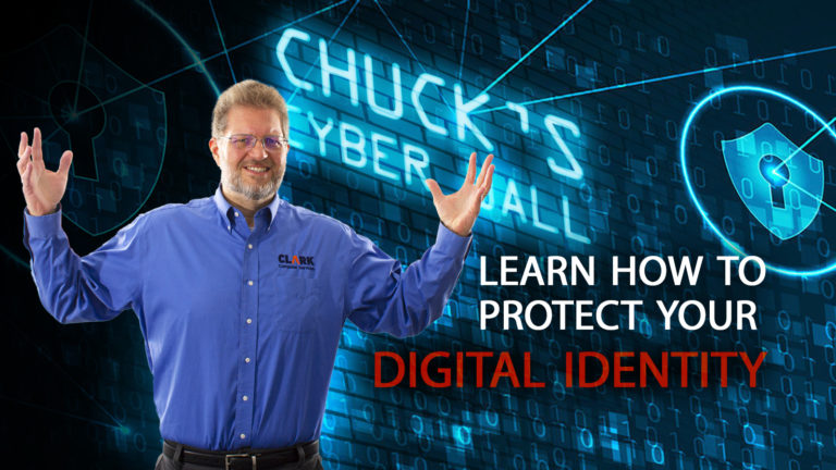 Learn How to protect Your Digital Identity Chuck in front of cyber wall logo.