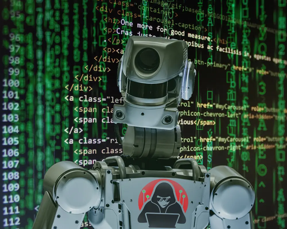 Cyber Attacks Are Personal | Chuck's Cyber Wall | Cyber Attacks Are Personal | Chuck's Cyber Wall | Chuck's Cyber Wall: Cyber Attacks are Personal image of a bot in front of code.