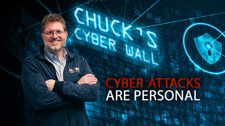 Chuck's Cyber Wall: Cyber Attacks are Personal title card with Chuck standing in front of the cyber wall.