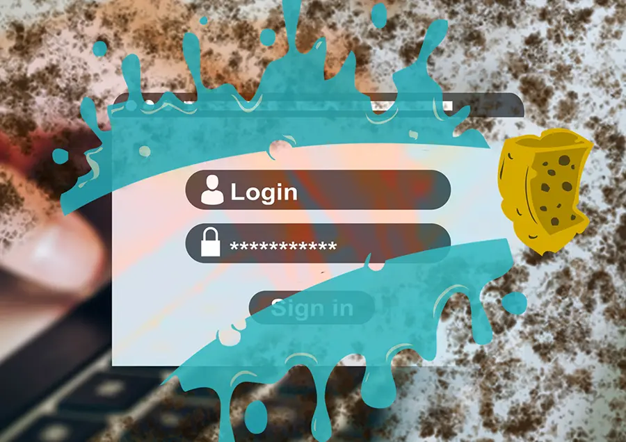 Good Password Hygiene is Important | Chuck's Cyber Wall | Good Password Hygiene is Important | Chuck's Cyber Wall | Chuck's Cyber Wall: Good Password Hygiene illustration of sponge cleaning a screen with log in credentials.
