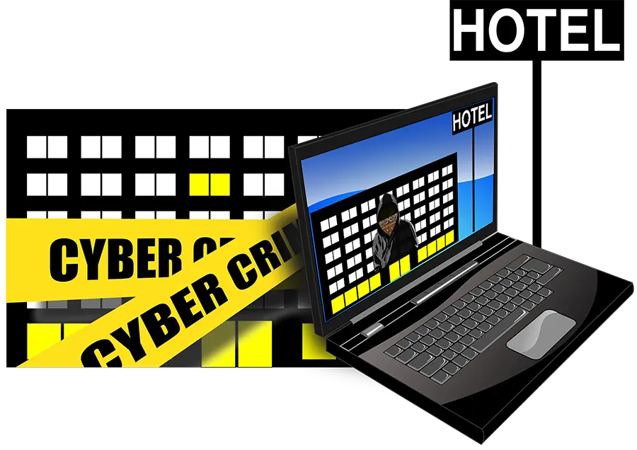 Holiday Cybersecurity Best Practices | Chuck's Cyber Wall | Holiday Cybersecurity Best Practices | Chuck's Cyber Wall | Chuck's Cyber Wall: Holiday Cybersecurity illustration of a hotel with a laptop showing the hotel and a cybercriminal waiting.