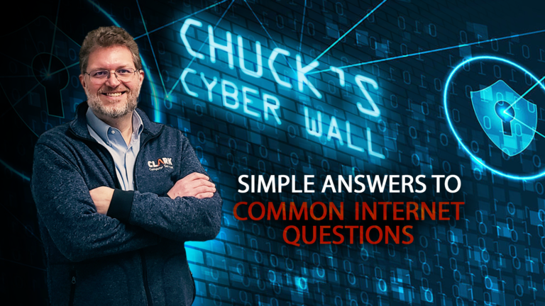Chuck's Cyber Wall: Common Internet Questions title card image of Chuck and cyber wall logo.