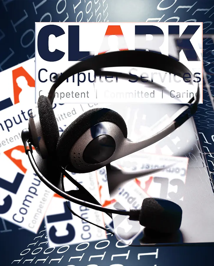 Residential IT Clients Support Services | The CLARK Report | Residential IT Clients Support Services | The CLARK Report | DC the Computer Guy Clark Clips Tech Support Representation for Residential IT Clients image of a headset against a Clark logo background.