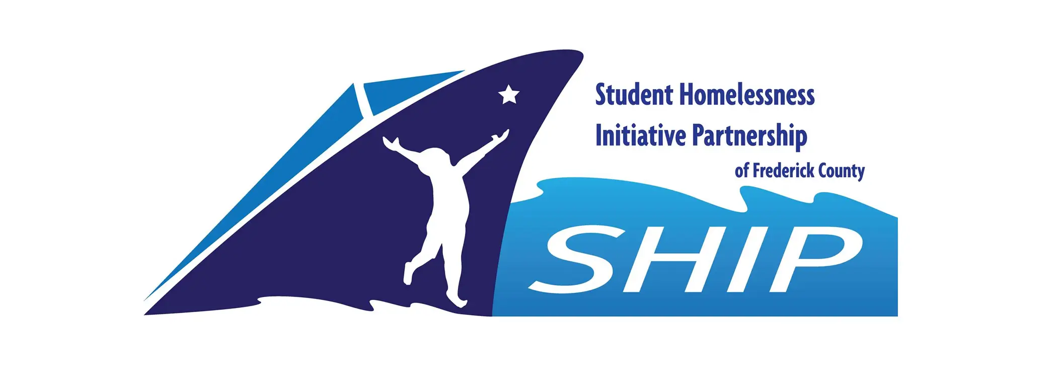 SHIP logo featuring a silhouette of a person reaching upward on a navy and light blue background, with text reading 'Student Homelessness Initiative Partnership of Frederick County