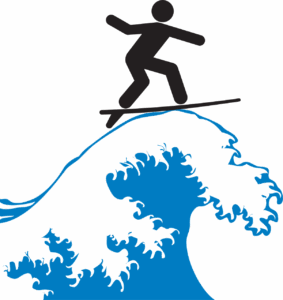 Riding the AI wave image of a figure on a surfboard.