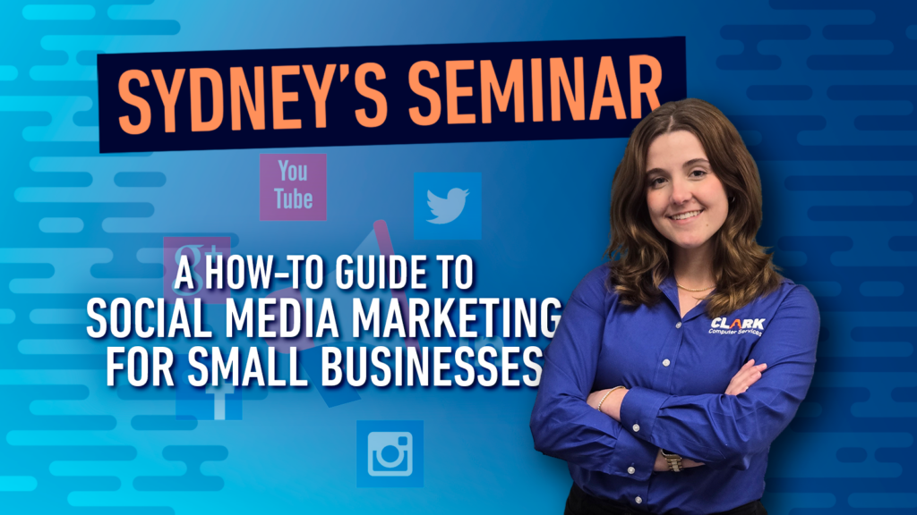 Promotional banner for a seminar: 'A How to Guide Social Media Marketing for Small Businesses' with a smiling woman in a blue shirt on the right and 'Sydney's Seminar' title in orange on dark blue background.
